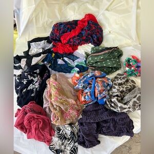 Collection of 12 scarfs, including NW Coach geometric ,Eileen Fisher, Tahari